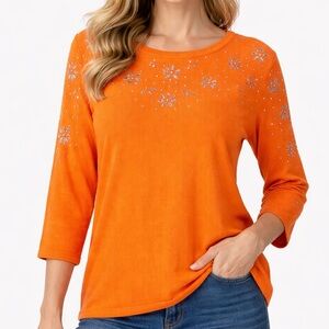 Madison Orange Rhinestone Floral Tunic Sweater Top L NWT